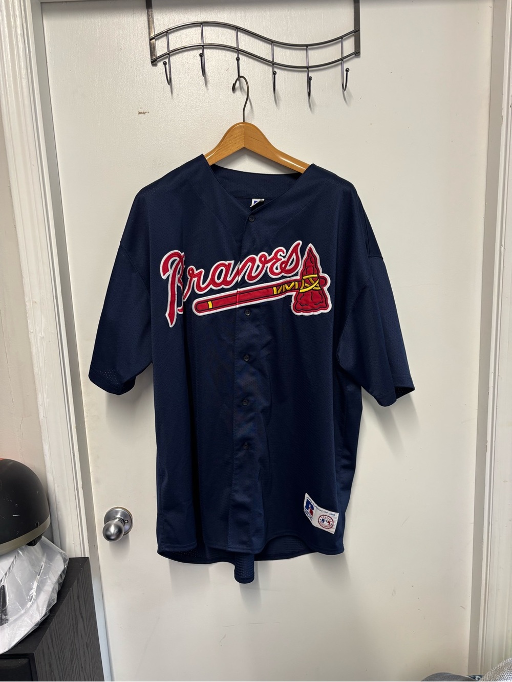 Russell Athletic Navy Braves Baseball Jersey with Red and White Accents